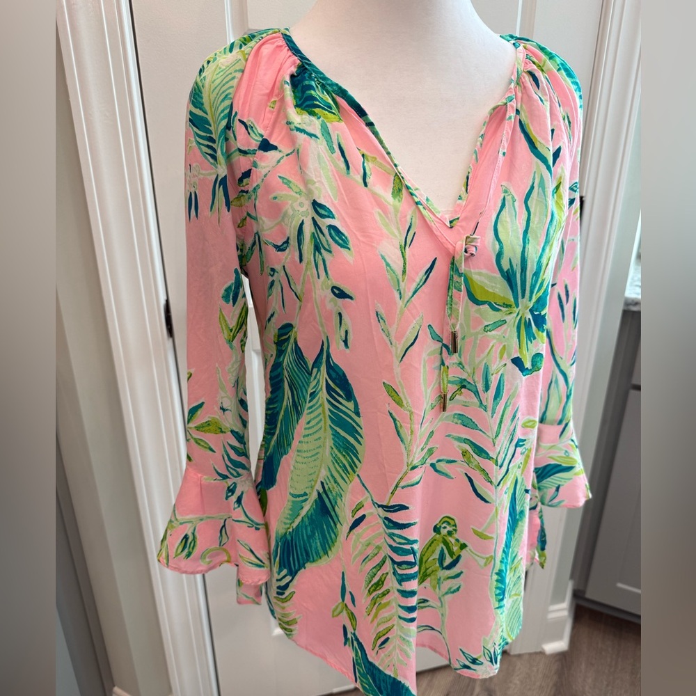 Lilly Pulitzer Pink & Green Tropical Bell Sleeve Blouse XXS